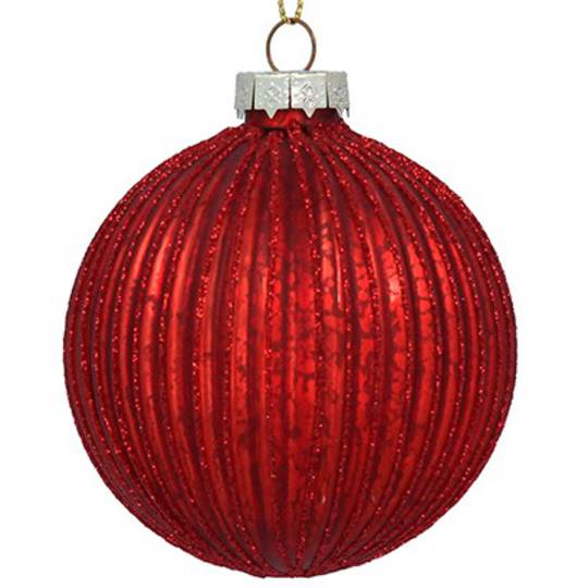 INDENT - Pack 12, Glass Ball Antique Red, Glitter Rib 8cm